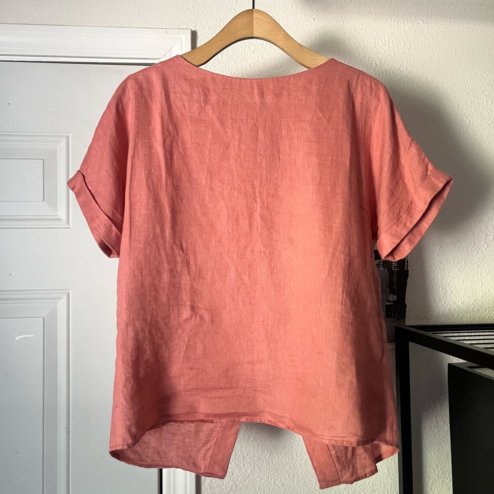 Grana Coral Pink Linen Boxy Short-Sleeve Blouse